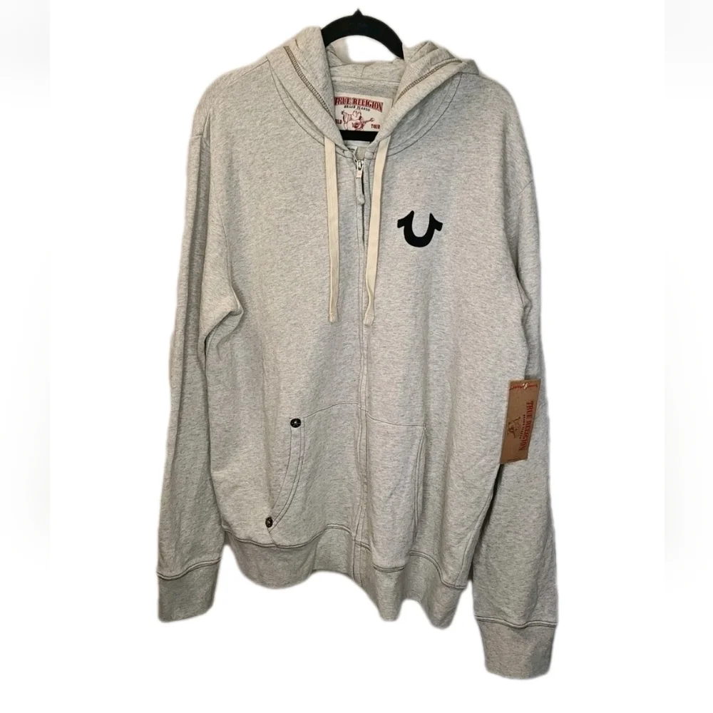 True Religion Bubha Logo Hoodie Full Zip Terry Jacket 2X Oatmeal Gray Y2K Nwt